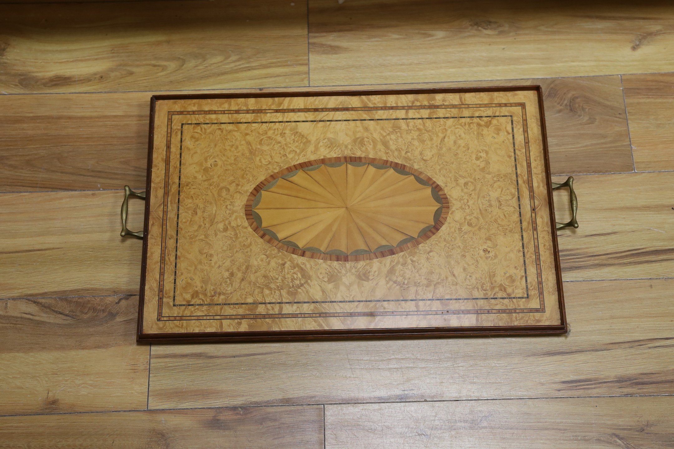 A Sheraton style inlaid tray by Richard Reading & Philip Rose, 64cm handle to handle